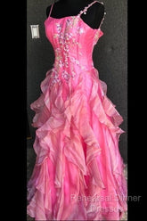 Chic Ball Gown Spaghetti Straps Pink Satin Evening Dress Long Semi Formal Prom Dresses With Embroidered
